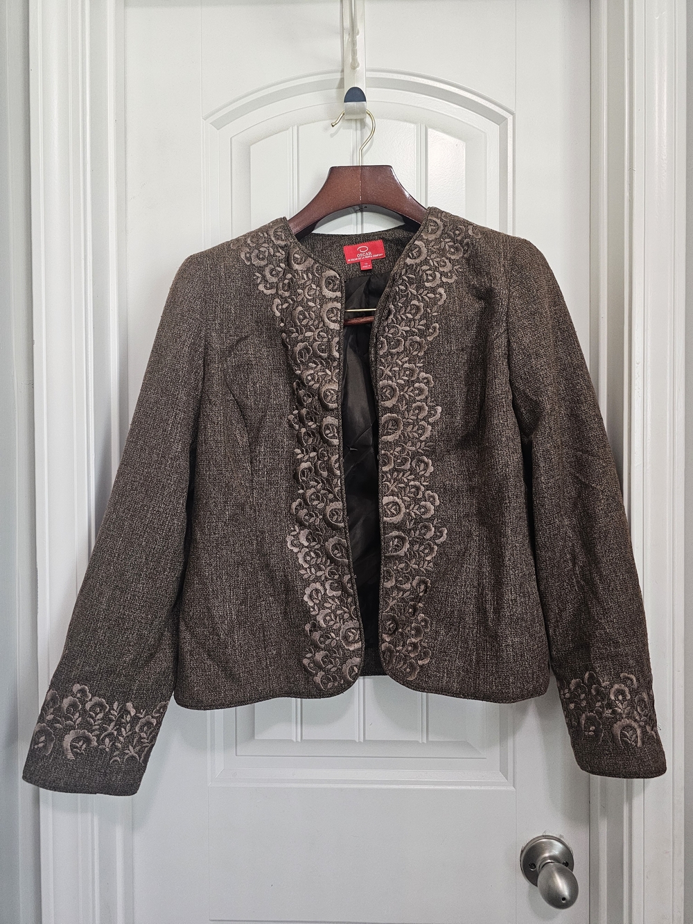 Oscar de la Renta Brown Embroidered Open-Front Blazer